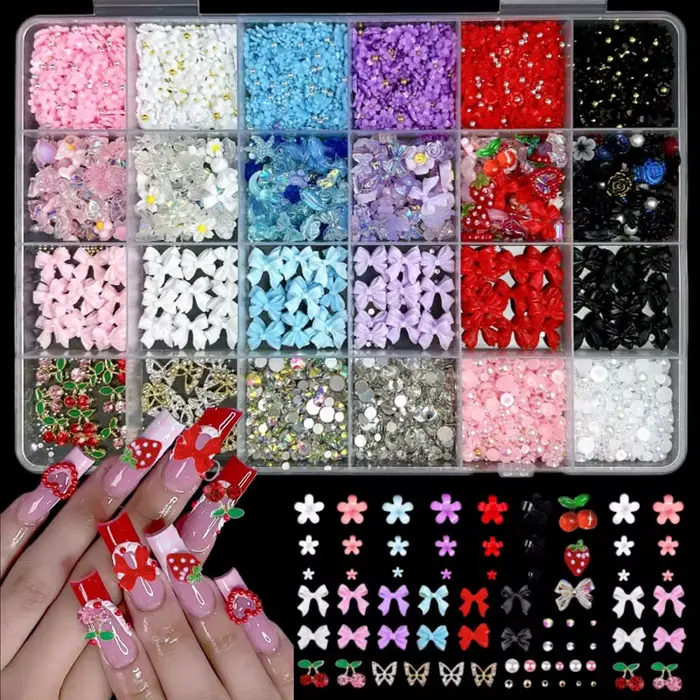 Ensemble de breloques pour Nail Art, bricolage, avec rubans, nœuds, fleurs, cerise, fraise et papill