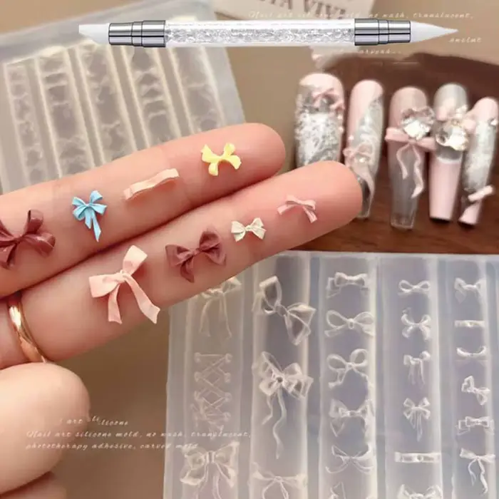 Moules à ongles en Silicone avec nœud papillon 3D + 1 stylo à découper