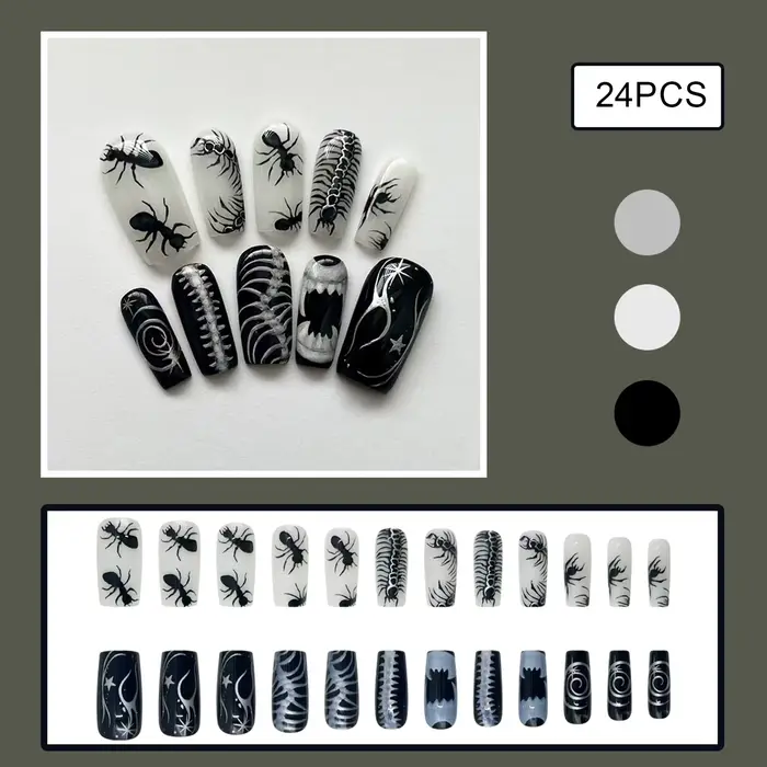 Faux ongles Style Thriller, 24 pièces, avec motif d'insectes de fourmi d'halloween, à pression porta