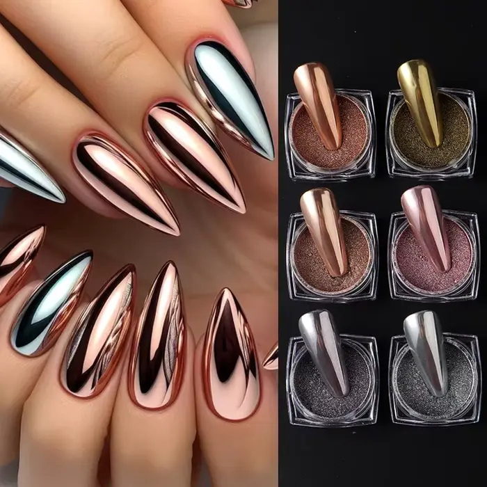 Poudre à ongles chromée or argent Rose