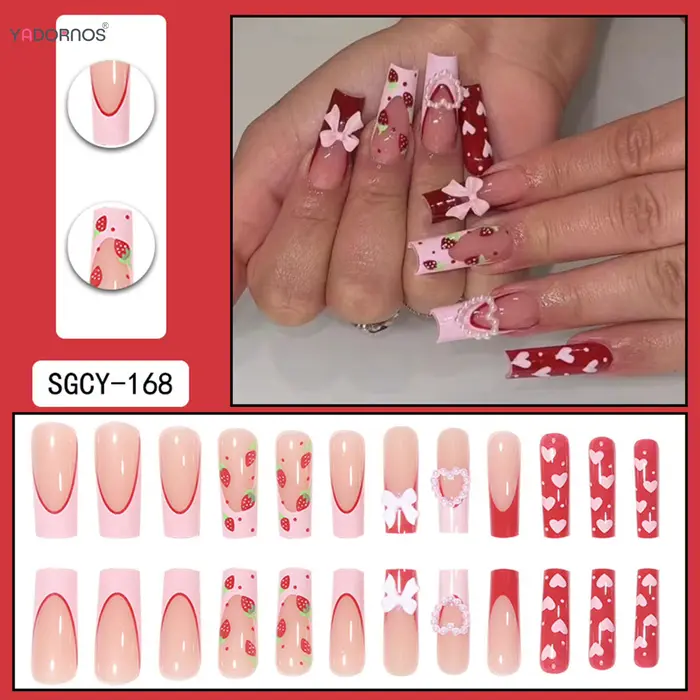 Faux ongles français en forme de fraise rouge