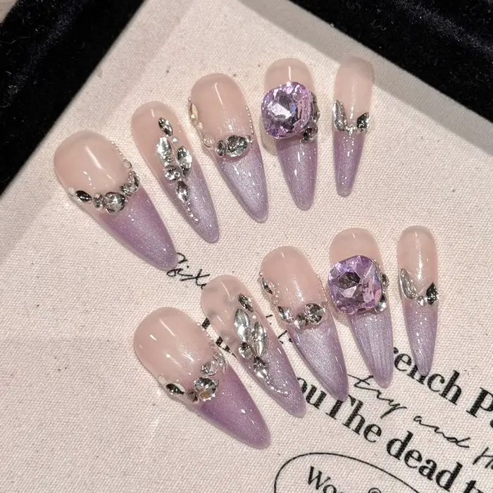 Faux ongles œil de chat à paillettes, longs dégradés d'amande, bleu, à pression, faits à la main, av