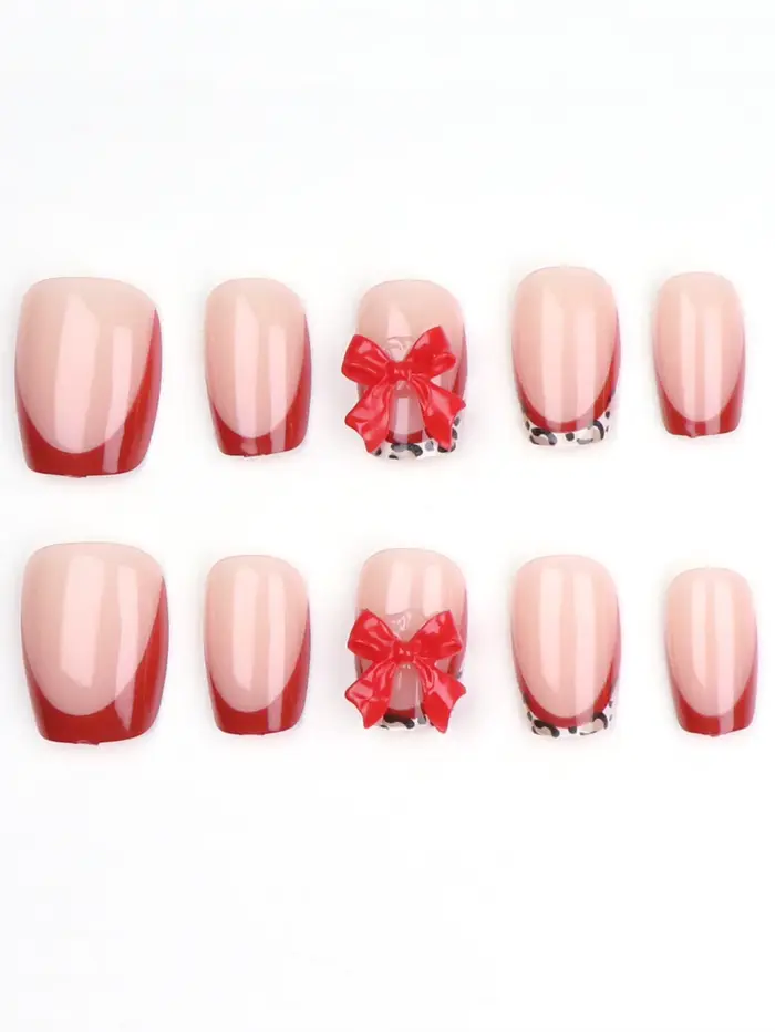 10 pièces-faux ongles de forme courte avec nœud papillon rouge-ensemble d'ongles de faux couverture
