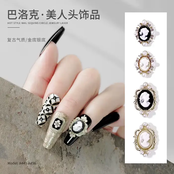 10 pièces rétro Baroque Gril Nail Art charme 3D gaufrage noir blanc fille tête décoration d'ongle or