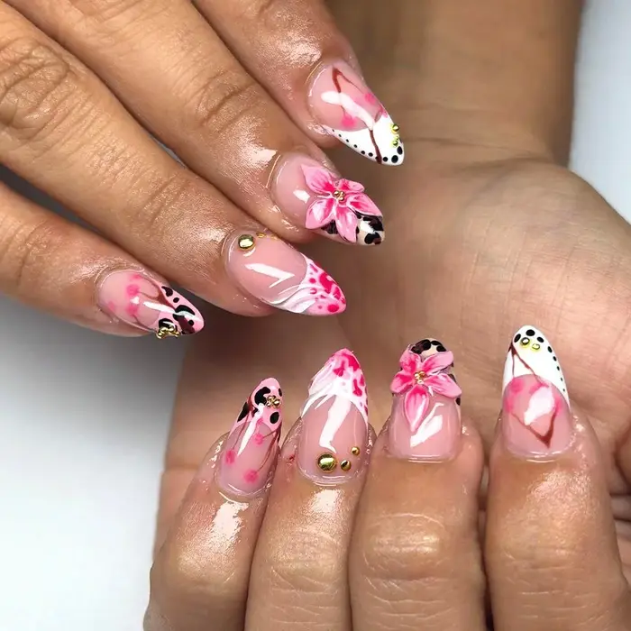 24 pièces fleur tropicale presse sur ongles coloré français 3D cristal papillon coquilles motif imprimé faux