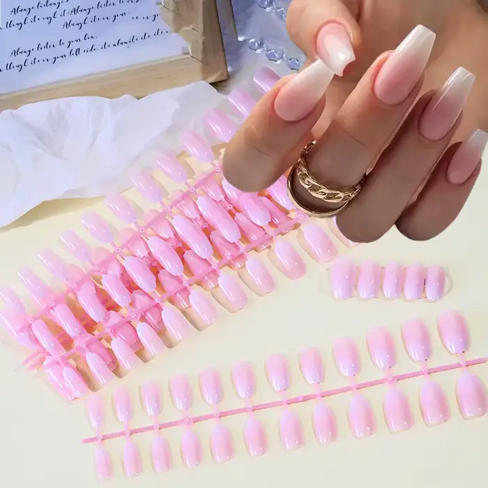 120 pièces rose Ombre moyen cercueil presse sur ongles brillant à la main acrylique faux ongles cons