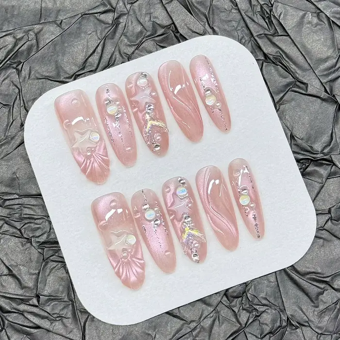 10 pièces fée papillon strass faux ongles été océan Style coquille à la main