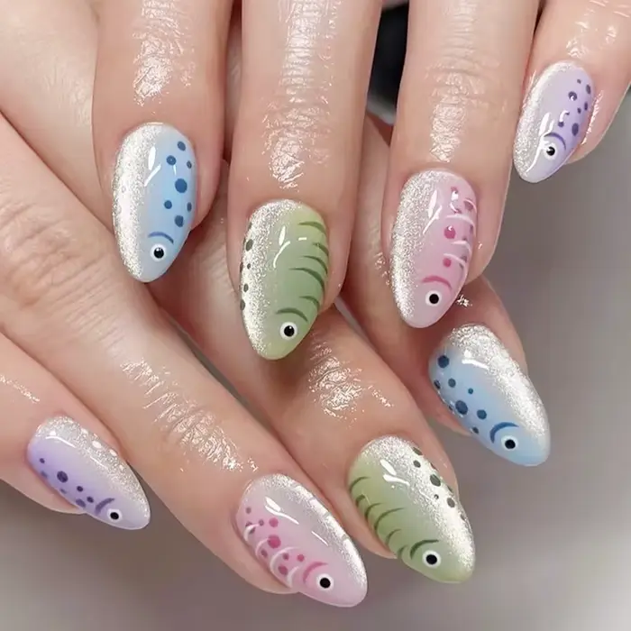 VITAGWX 30 faux ongles à presser, motif poisson unique, style plage estival, nail art coloré, forme 