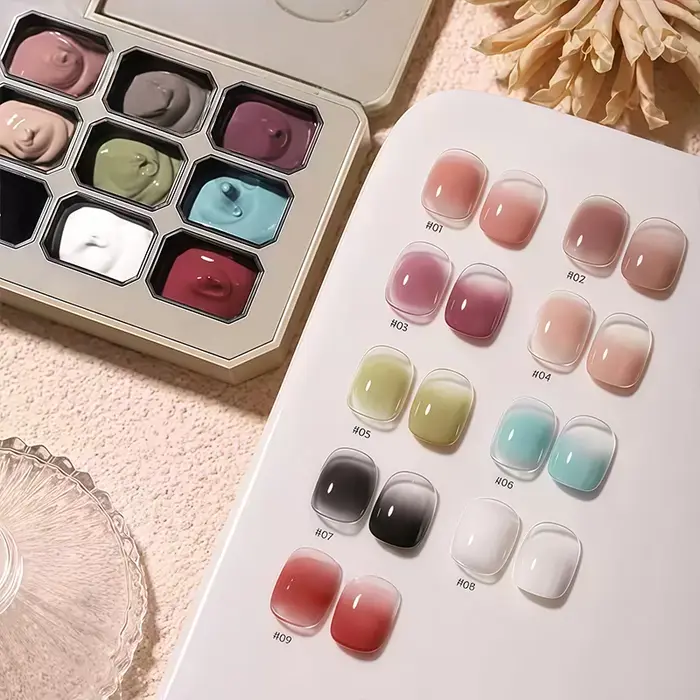 Vernis à ongles dégradé uni 9 couleurs à haute saturation, gel pour manucure française, adapté aux techniciennes en ongles et aux débutants.
