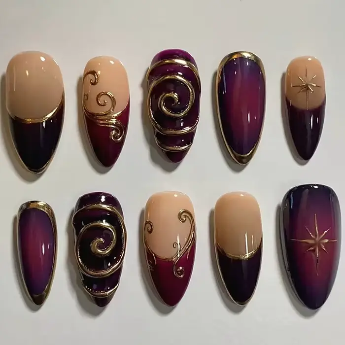 24 pièces lignes dorées modèles faux ongles violet foncé Blush français