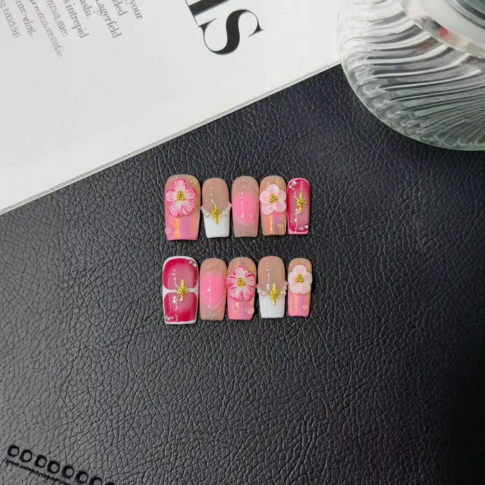 10 pièces rêveur océan presse sur ongles 3D fleur perle étoile de mer Nail Art dégradé français faux