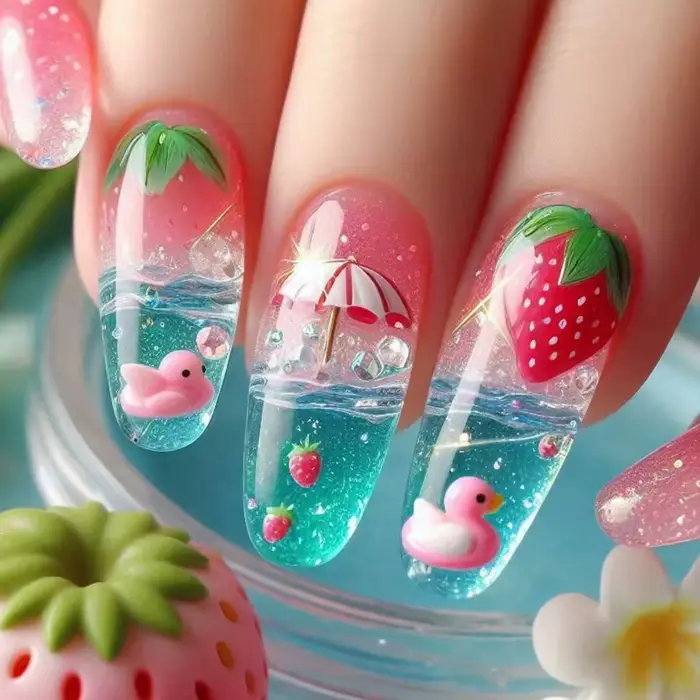 Canard conçoit presse sur les ongles avec fraise frais jour d'été faux ongles longs amande rose bleu