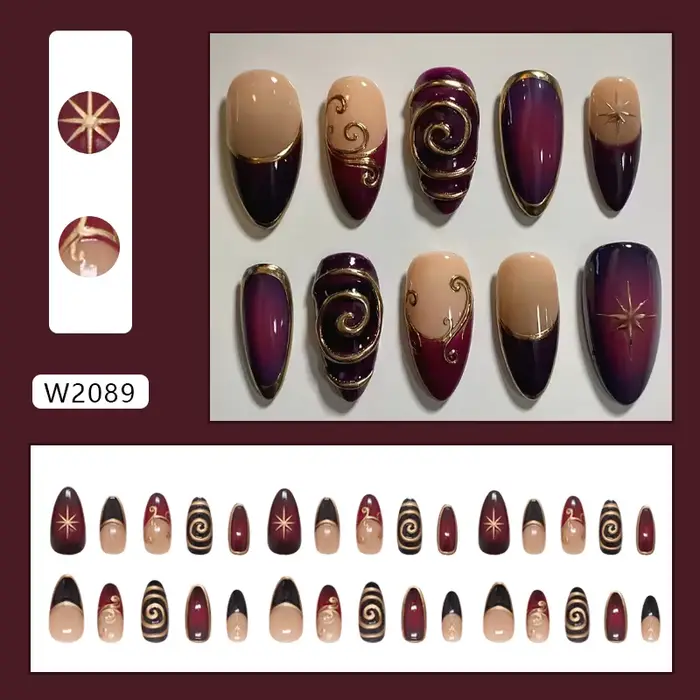 24 pièces lignes dorées modèles faux ongles violet foncé Blush français