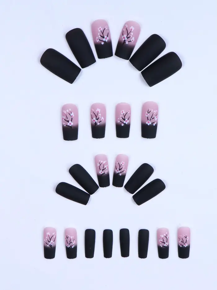 24 faux ongles cercueil noirs pur