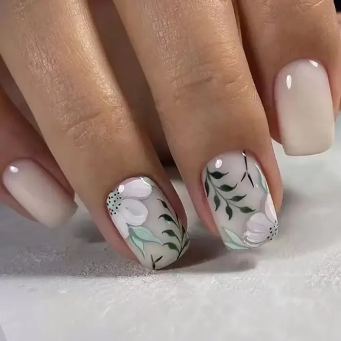 Faux ongles carrés courts et verts, 24 pièces, avec colle, flore, brillant, Simple, couverture compl
