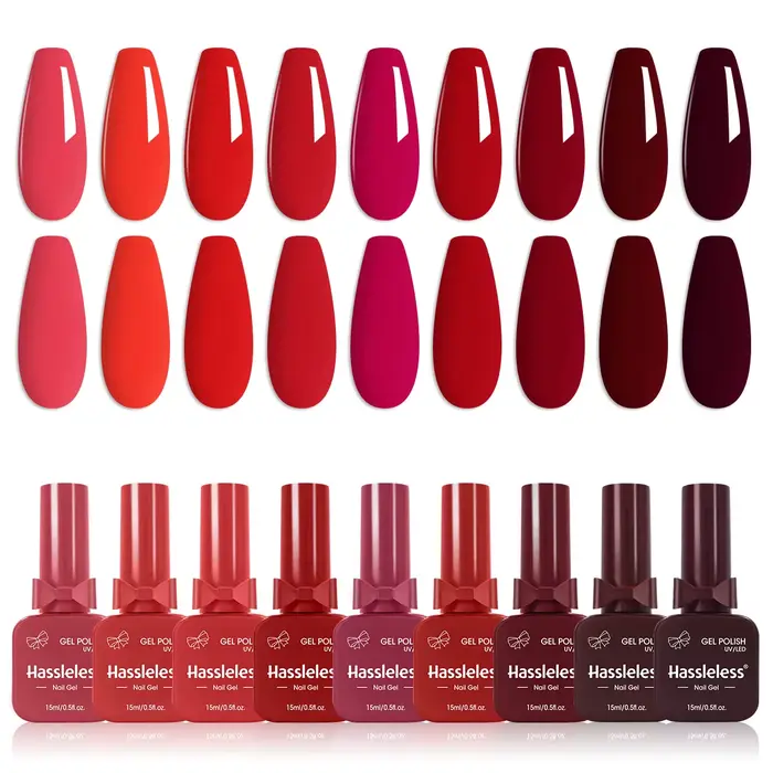 Ensemble de vernis à ongles rouge sans tracas de 9 pièces, présenté dans un flacon en verre en forme