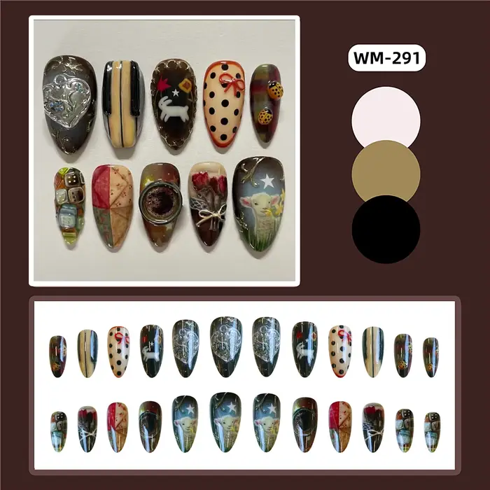 24 pièces Vintage Style campagnard faux ongles mignon dessin animé petit agneau lapin Rose imprimé presse