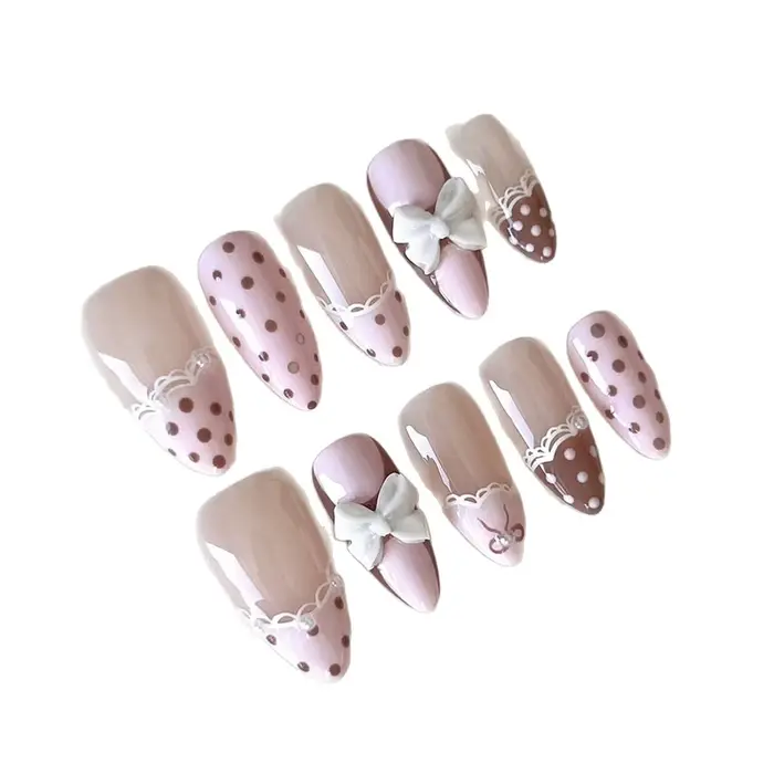 24 faux ongles mignons en dentelle à nœud