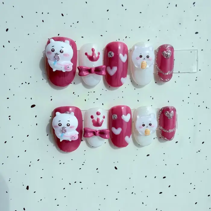 Ongles press-on Chiikawa, mignons, 3D, dessin animé, faux ongles rose et blanc, kawaii, nail art pour filles, cadeau