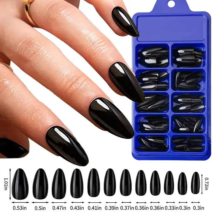 100 faux ongles noirs en acrylique, forme amande, à presser, réutilisables, style français, couvranc