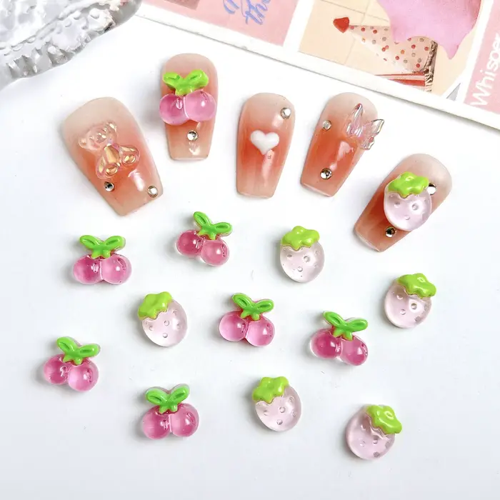 30 pièces simulé mignon gelée cerise résine Nail Art breloques 3D doux rose fraise décorations d'ongles pour bricolage