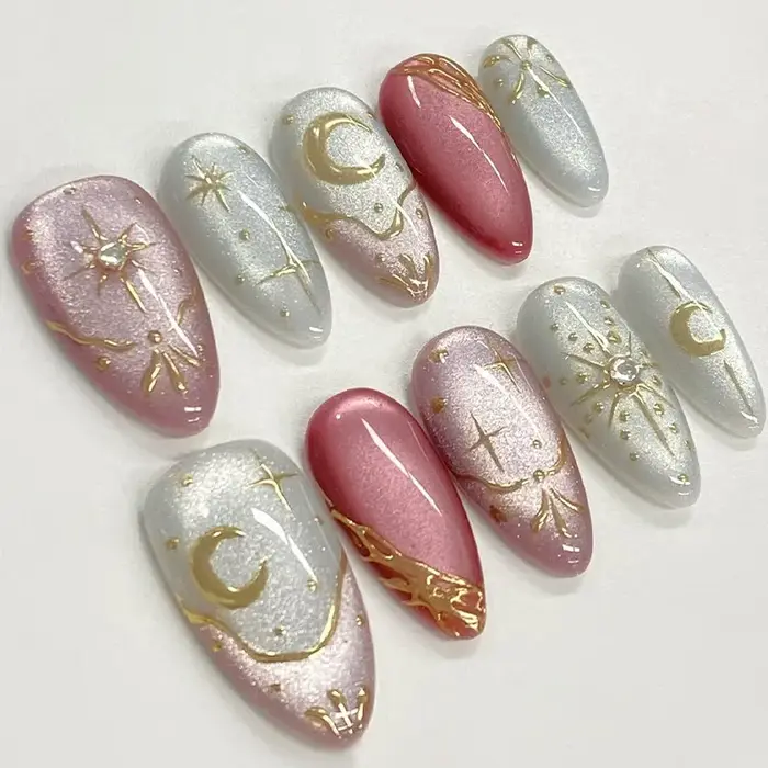 24 pièces marron dégradé faux ongles conseils portable oeil de chat amande presse sur ongles avec pa