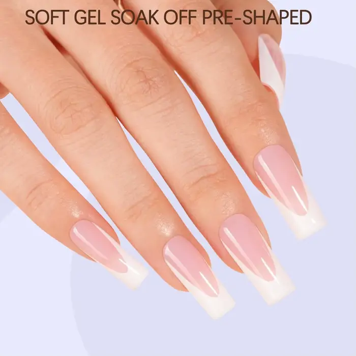 120 faux ongles carrés français en acrylique rose clair et blanc