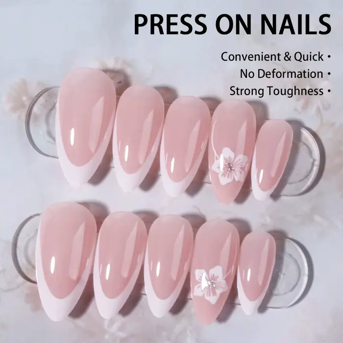 Transformez vos ongles avec, 24 pièces de fleurs blanches, ongles à pression en amande française, adaptés parfaitement et au design de longueur moyenne, faux na en acrylique