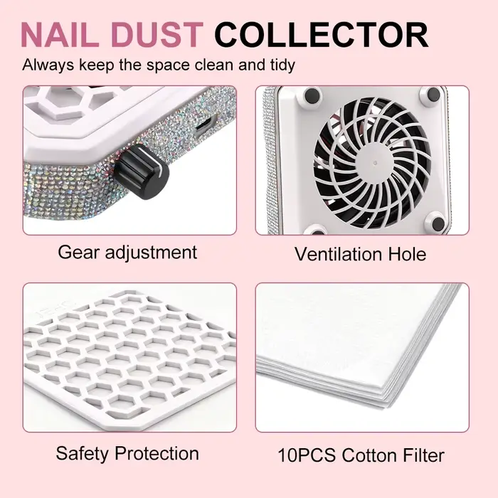 Collecteur de poussière d'ongles avec strass et tampon filtrant