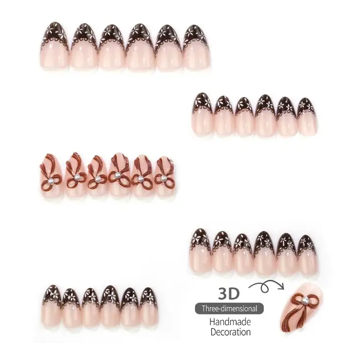 30 faux ongles à presser, style simple et élégant pour tous les jours, avec nœud et design français en forme d'amande, parfait pour les femmes et le quotidien.