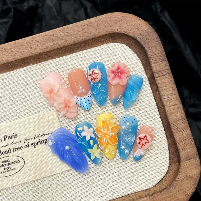 10 pièces presse à la main sur les ongles 3D coloré été mer étoile de mer conçoit faux ongles patchs