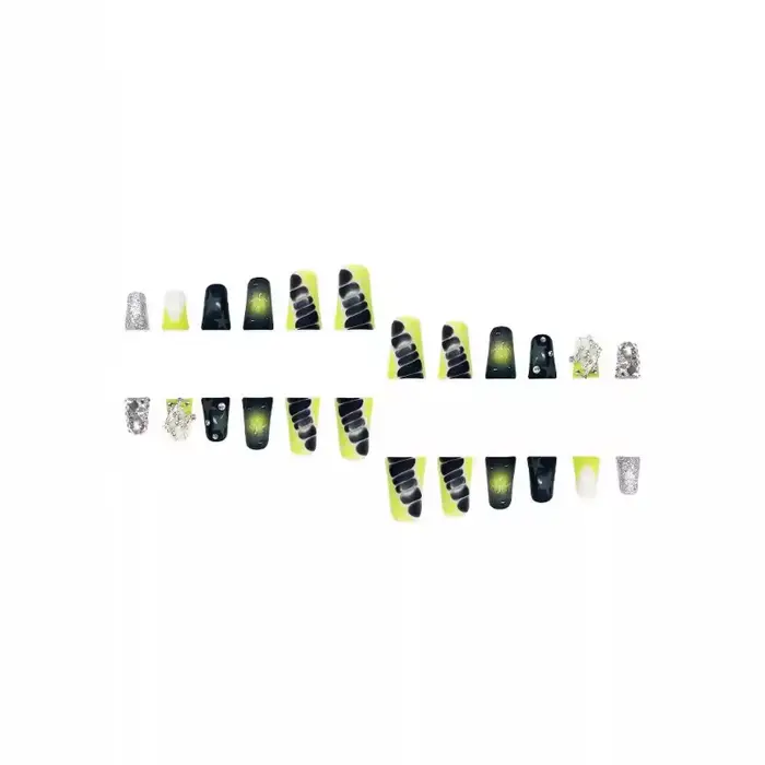 24 faux ongles moyens à presser en forme de bec de canard avec motifs