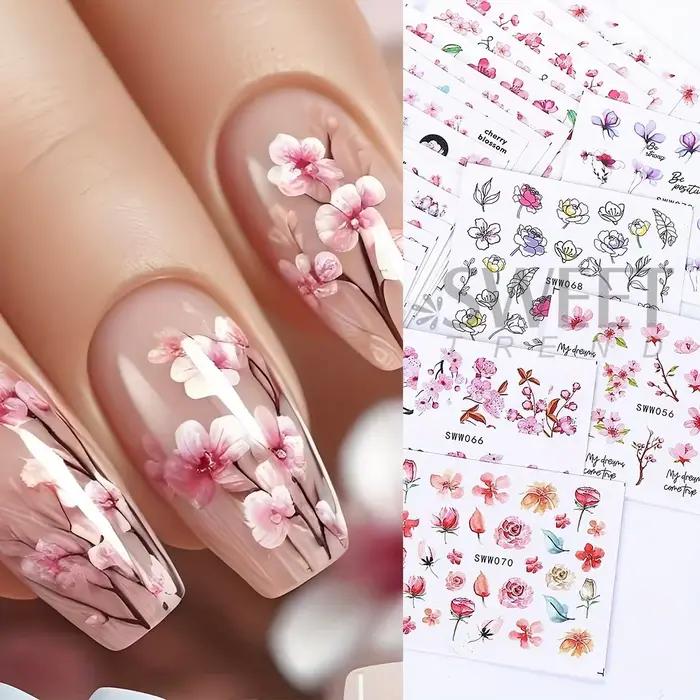 Autocollants à l'eau pour ongles, fleur de Sakura, fleurs de cerisier roses, feuille florale, concep