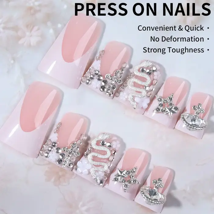 24 pièces Long canard noir pointe française presse sur ongles croix en alliage 3D, décoration en for
