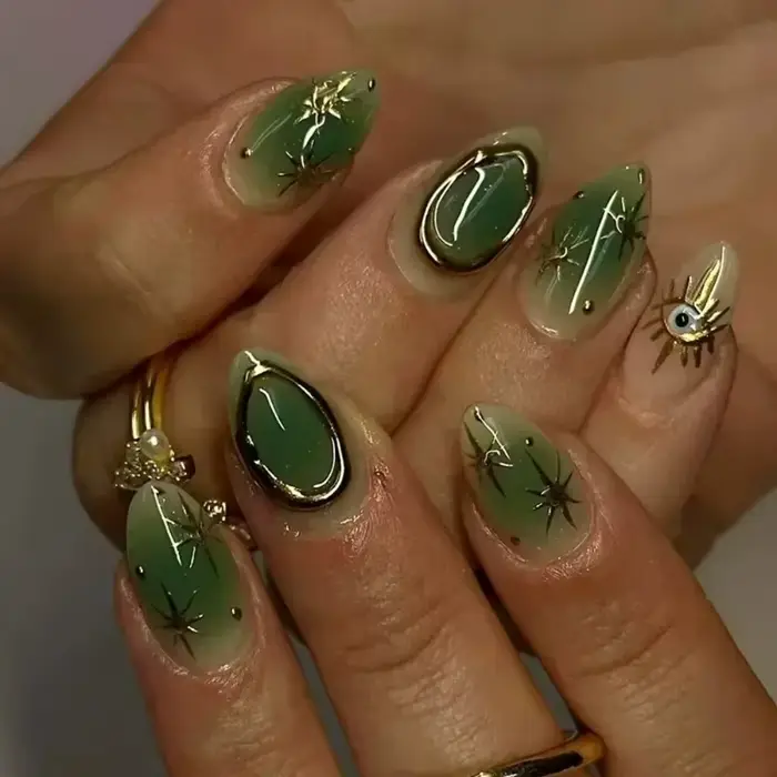 24 faux ongles 3D vert motif vague