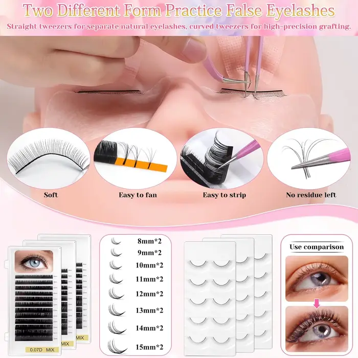 Kit de pratique d'extension de cils 470 pièces pour débutants, comprend tête de mannequin, colle, sh