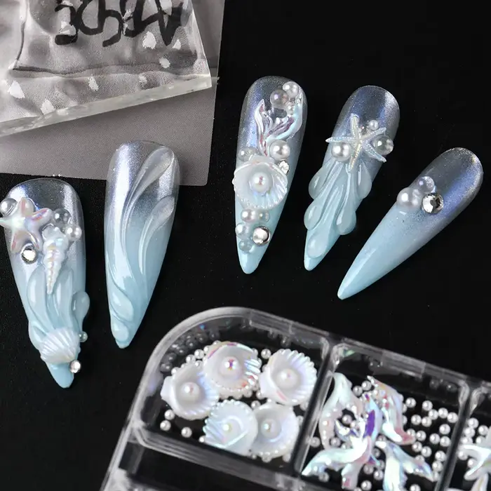 6 grilles de breloques pour ongles en forme de coquillages nacrés
