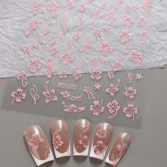 Autocollant pour ongles motif fleur d'hibiscus rose et blanc