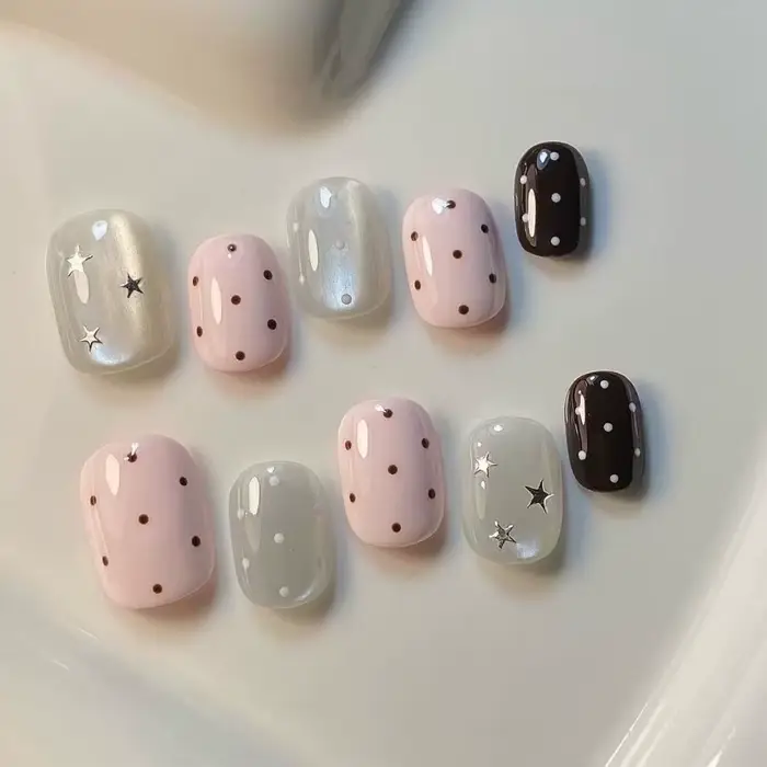 Nouveaux faux ongles faits main, motifs pois roses, étoiles et œil de chat, courts, ronds, carrés, s