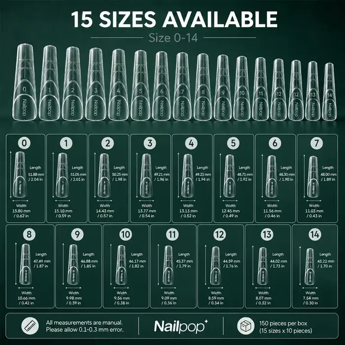 Nailpop 150 pièces Formes Cercueil Double Usage French Transparent 15 Tailles Système de Superpositi
