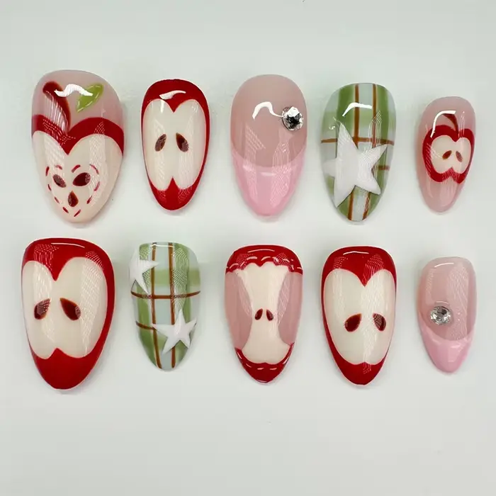 24 faux ongles mignons motif pomme rouge dessin animé, pois verts, carreaux, style français, pointes
