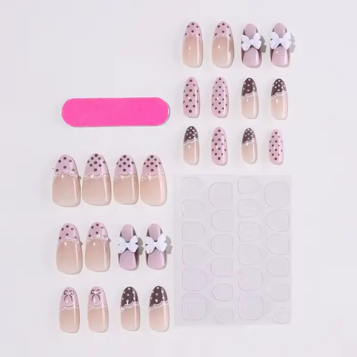 24 faux ongles en gel press-on rose doux, à pois bruns, nœud papillon blanc 3D, pour femmes et fille