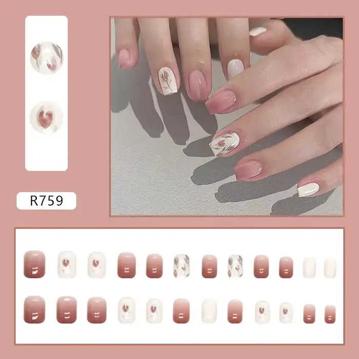 Fleur de tulipe 24 pièces presse sur ongles rose dégradé faux