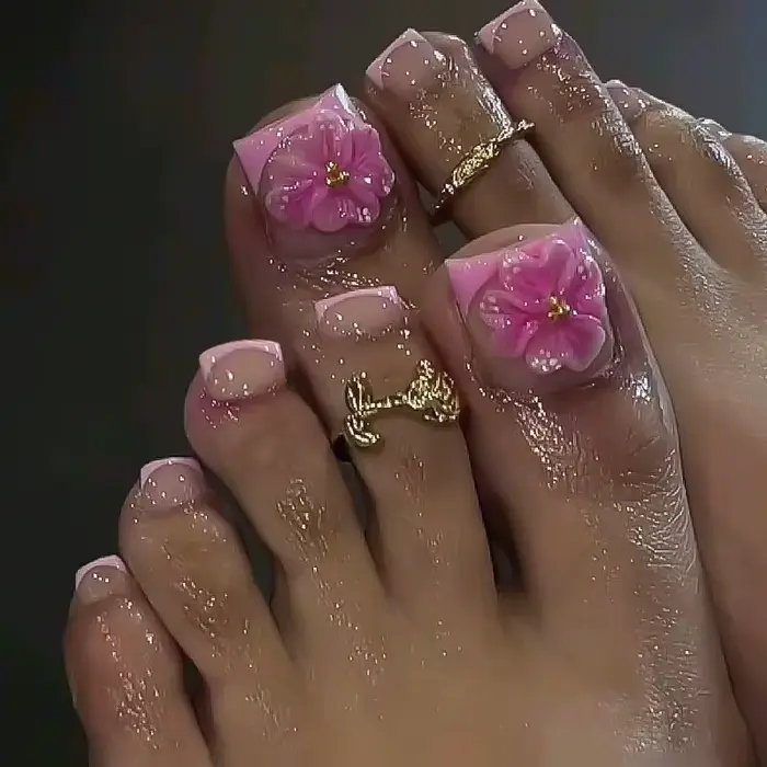 Faux ongles français à tête carrée courte, avec motif floral 3D, à pression, rose, Simple, portable,