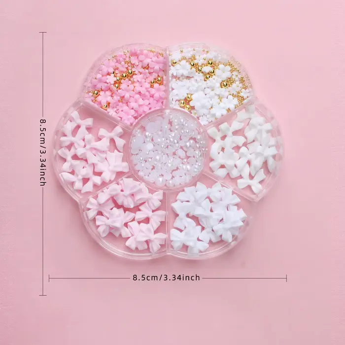 Kit de décorations pour ongles avec nœud floral 3D, 1 boîte, rose/blanc, acrylique Floral/perles de 