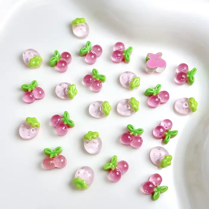 30 pièces simulé mignon gelée cerise résine Nail Art breloques 3D doux rose fraise décorations d'ongles pour bricolage