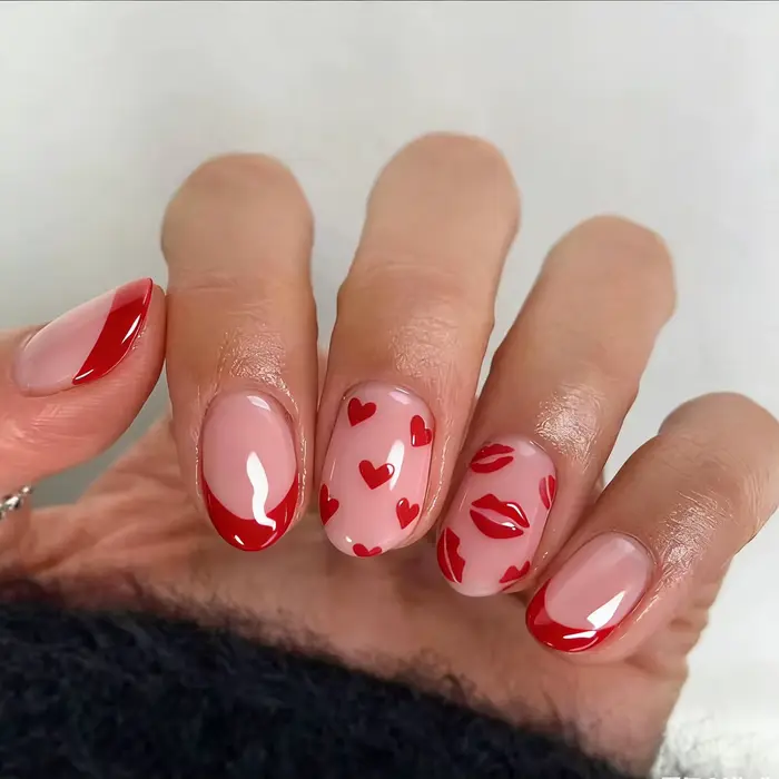 Faux ongles courts en forme d'amande, avec nœud papillon et petits motifs de points, en acrylique, p
