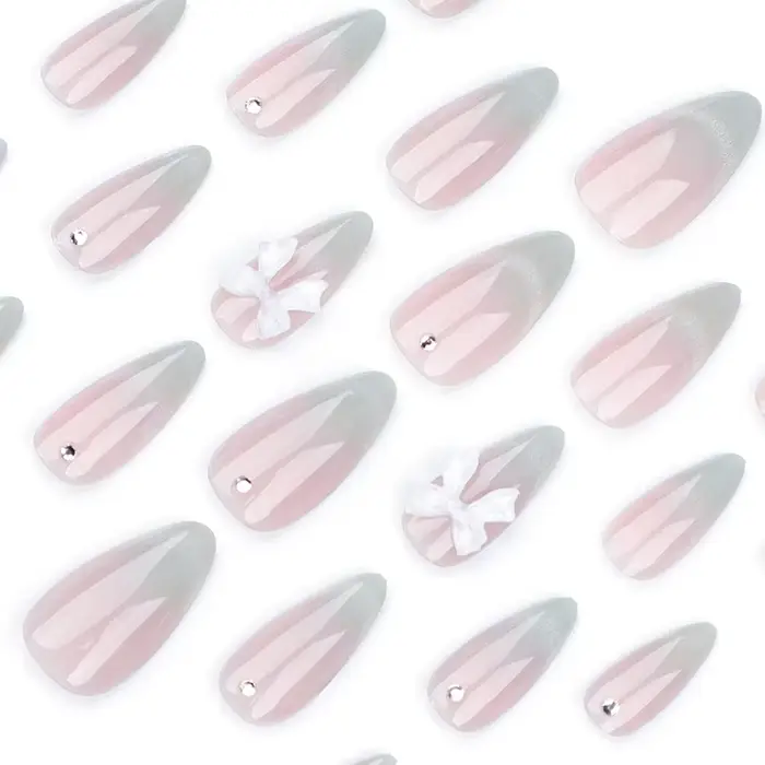 24 pièces doux oeil de chat français presse sur ongles diamant pointu tridimensionnel nœud papillon portable