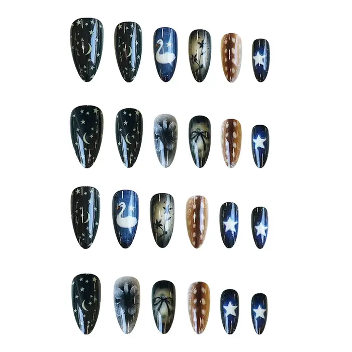 Faux ongles Style étoile lune, 24 pièces, nœuds papillon en forme de cygne blanc, motif floral impri