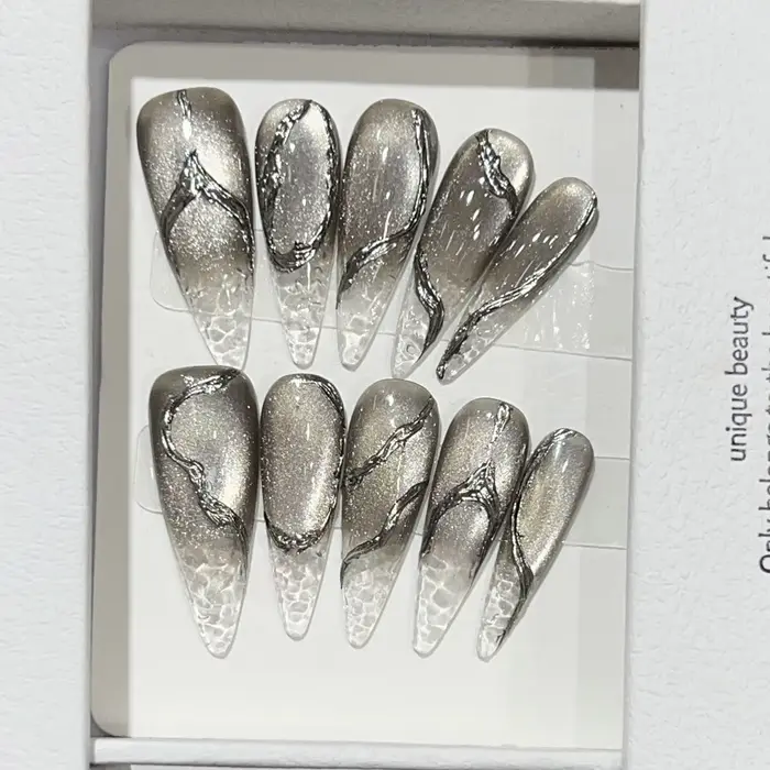 10 pièces Halloween faux ongles réutilisable longue pointe noir craquelé oeil de chat Style Punk argent